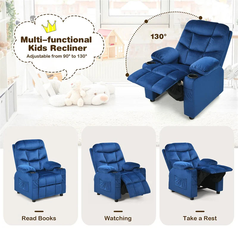 Kids Recliner Chair Adjustable Velvet Lounge Sofa with Cup Holders, 3 Pockets, Retractable Footrest - Product image 11