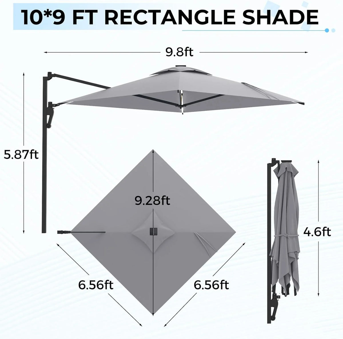 AECOJOY 10FT Large Patio Umbrella with Solar Lights, Rectangle Wall Mounted Outdoor Patio Umbrella, Grey - Product image 3