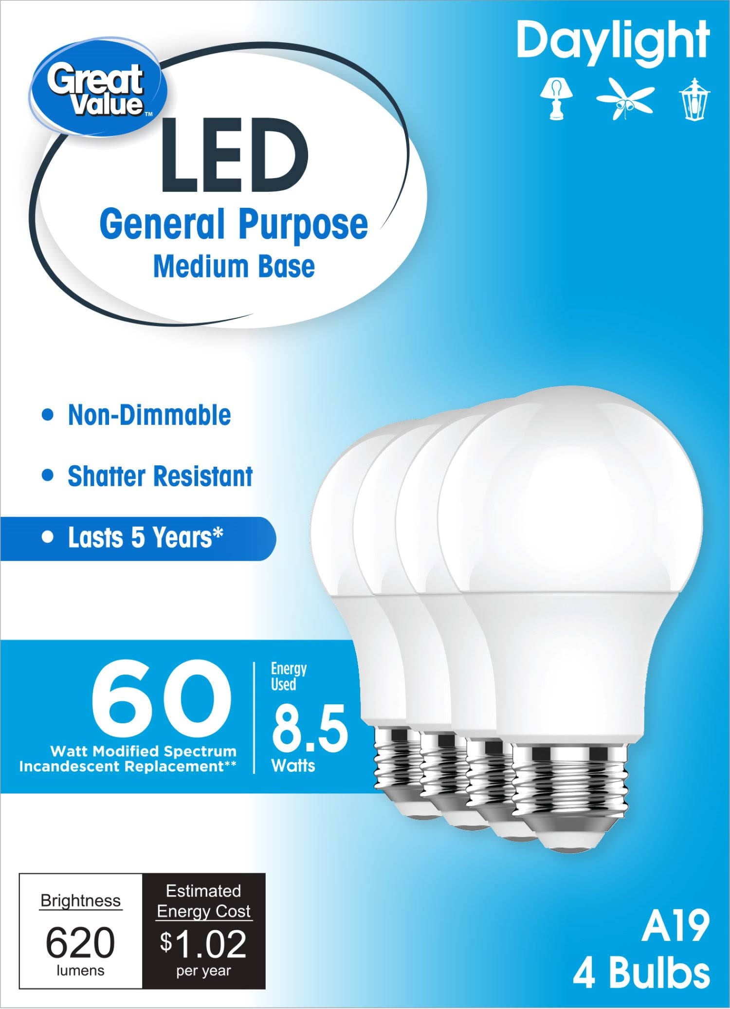 Great Value LED Light Bulbs, 60 Watts Eqv, Daylight, A19 General Purpose Light Bulbs, 5YR, 4pk 93131086 - Product image 1