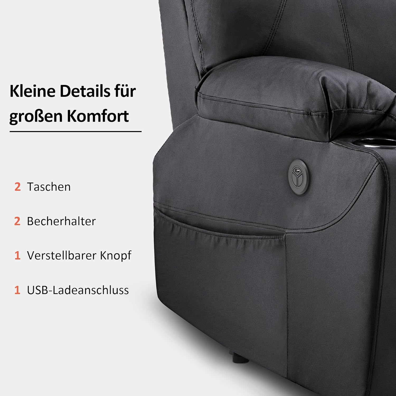 MCombo electric tie-down aid, TV armchair, Relaxing armchair, Massage, Heating, Electrically adjustable USB connection, Faux leather, Black