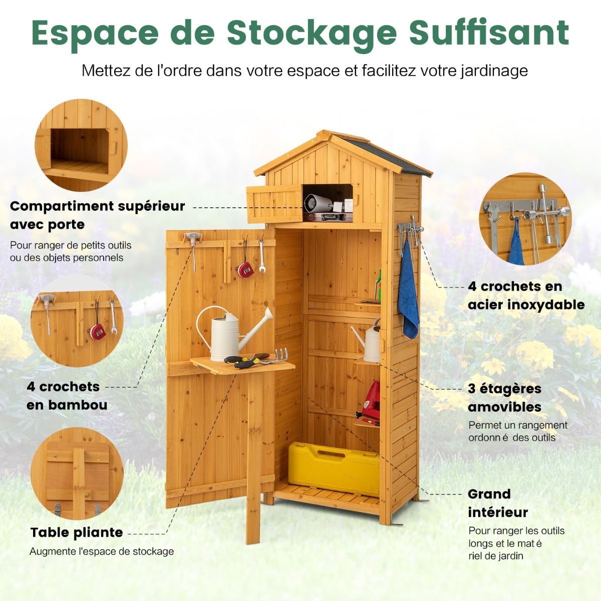 Waterproof Wooden Garden Cabinet with Roof Garden Shed with Foldable Table Shelves and 8 Hooks 75x50x180.5CM -