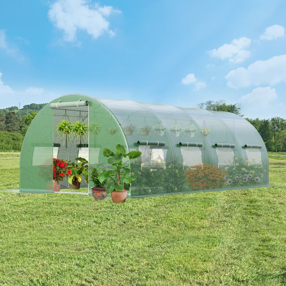 Tunnel Greenhouse Heavy Duty Galvanized Steel Frame Windproof Tunnel Greenhouse with Hoop 8 Roll Up Windows Green