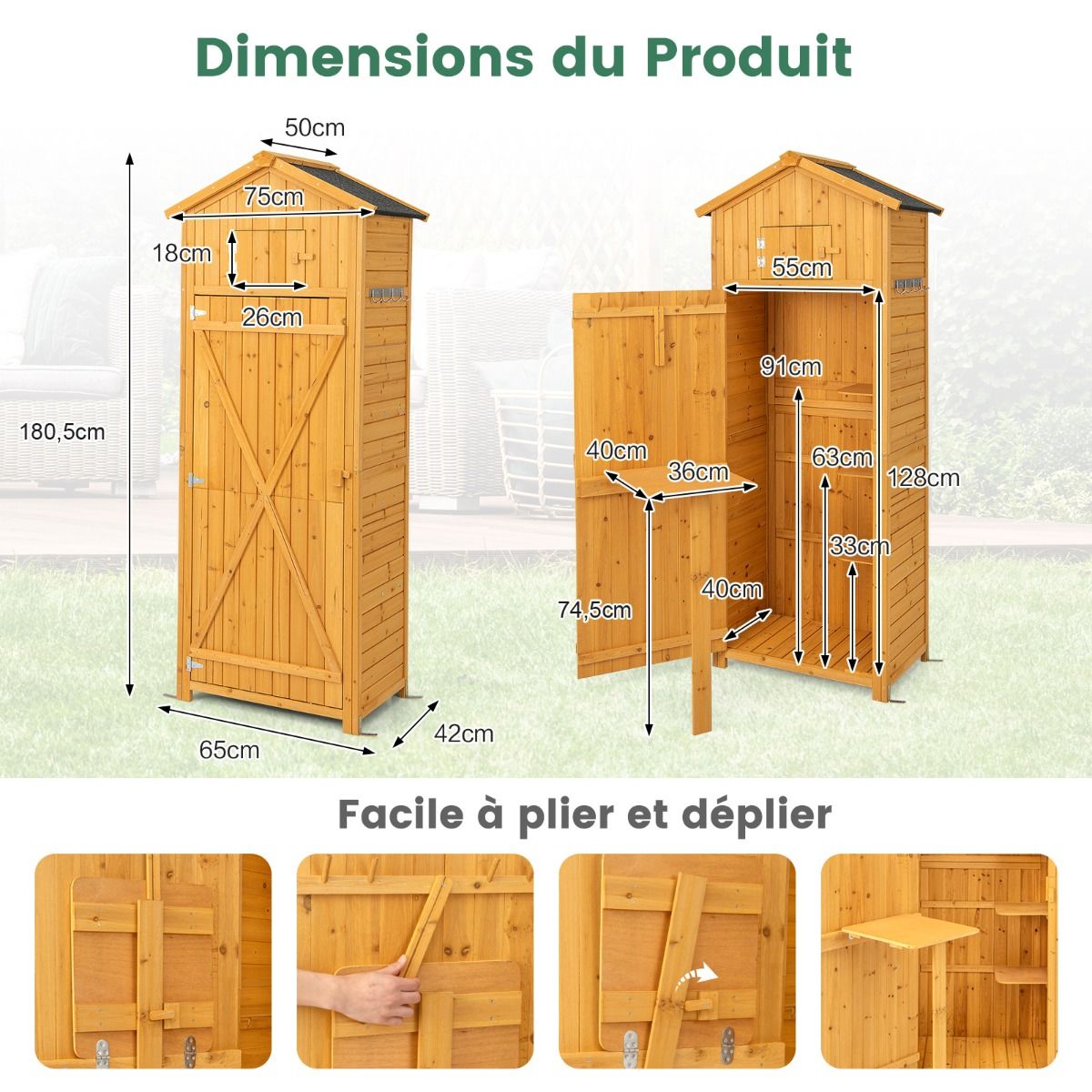 Waterproof Wooden Garden Cabinet with Roof Garden Shed with Foldable Table Shelves and 8 Hooks 75x50x180.5CM -