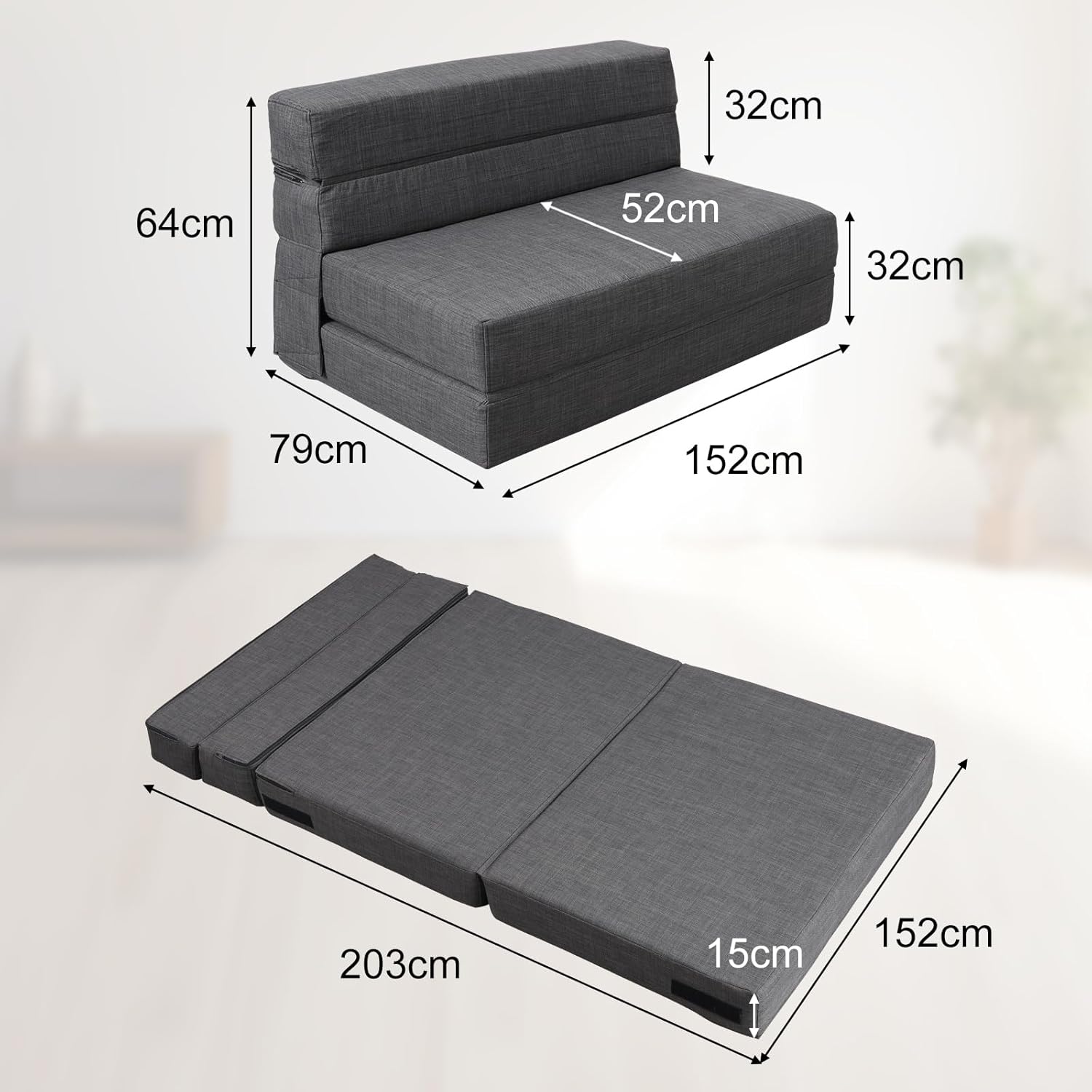 ANONER 2 Seater Convertible Sofa 150cm Wide, Foldable Memory Foam Sofa & 2 Pillows, Folding Floor Bed for Bedroom Living Room, Dark Gray
