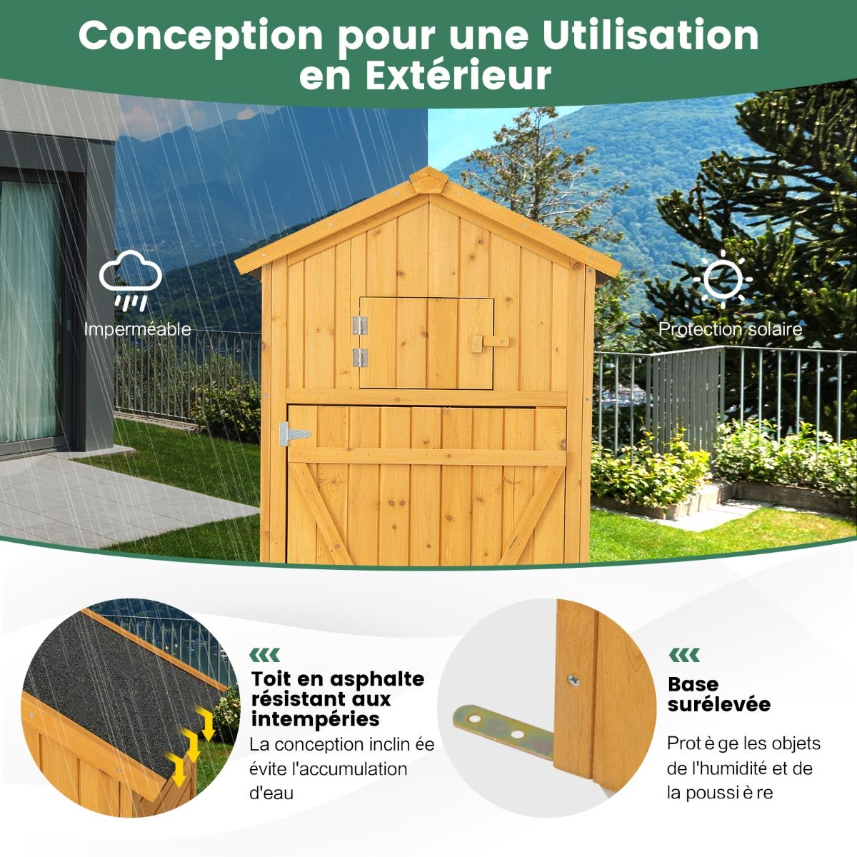 Waterproof Wooden Garden Cabinet with Roof Garden Shed with Foldable Table Shelves and 8 Hooks 75x50x180.5CM -