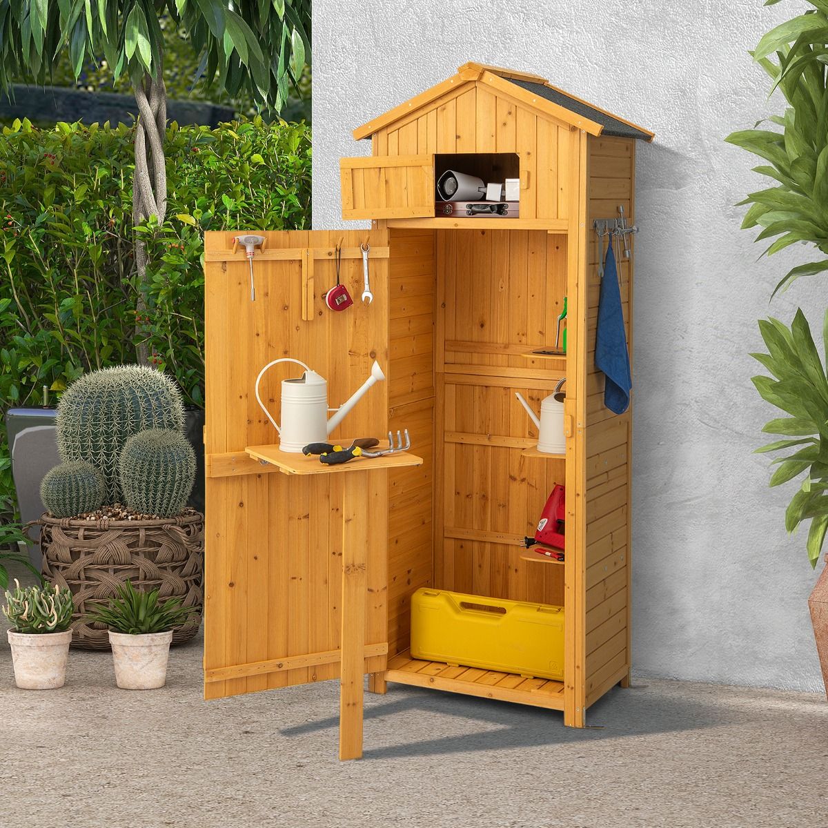 Waterproof Wooden Garden Cabinet with Roof Garden Shed with Foldable Table Shelves and 8 Hooks 75x50x180.5CM -