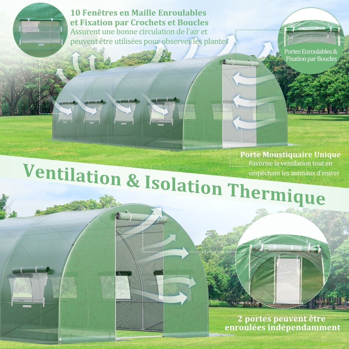 Tunnel Greenhouse Heavy Duty Galvanized Steel Frame Windproof Tunnel Greenhouse with Hoop 8 Roll Up Windows Green -