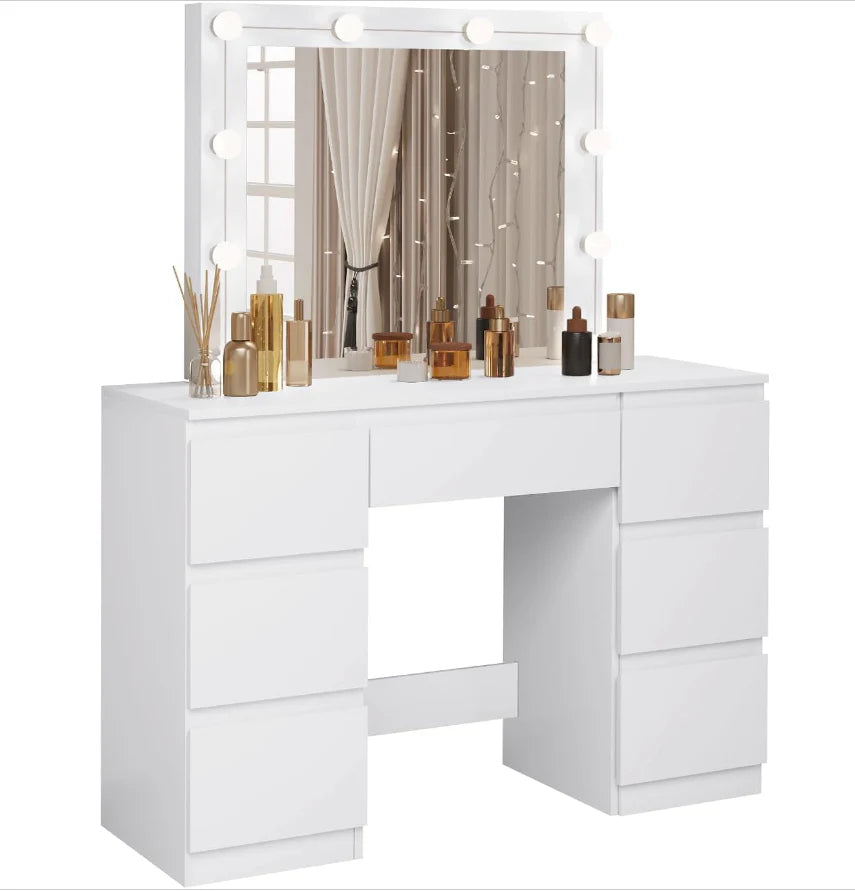 White Dressing Table with LED Mirror - 7 Drawers -