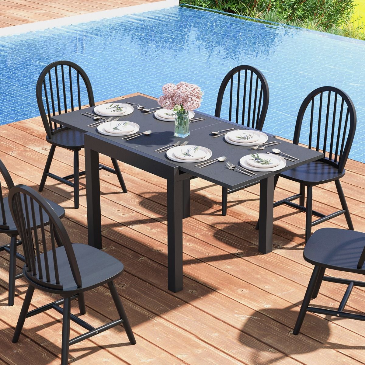 Extendable Aluminum Garden Table Adjustable from 80 to 160 CM Rectangular Dining Table for 4-6 People Grey/Natural -