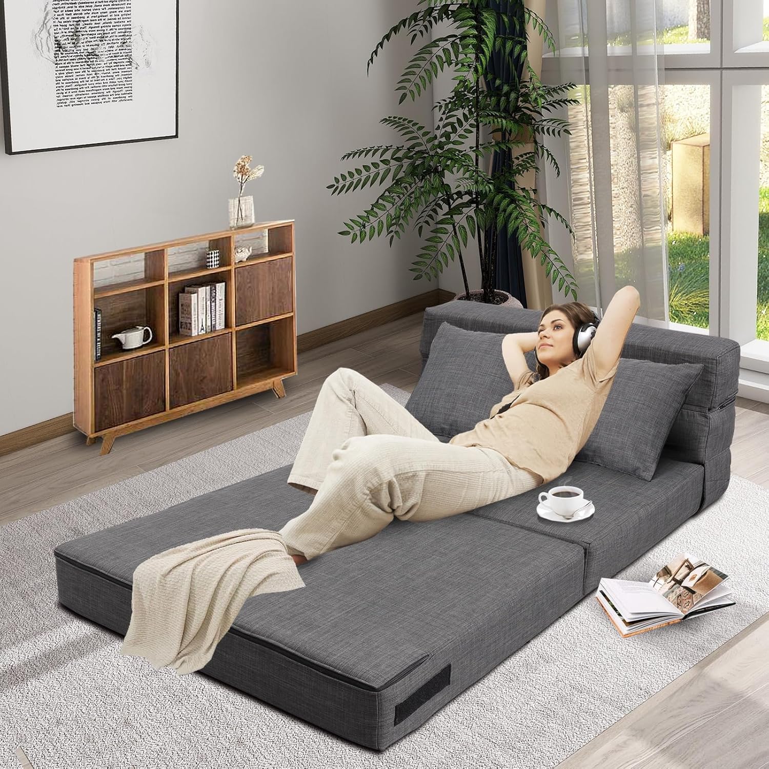 ANONER 2 Seater Convertible Sofa 150cm Wide, Foldable Memory Foam Sofa & 2 Pillows, Folding Floor Bed for Bedroom Living Room, Dark Gray
