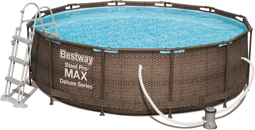 Power Steel Deluxe Round Tubular Swimming Pool with Solid Steel Frame Complete Kit Rattan Look 366 x 100 cm, Brown