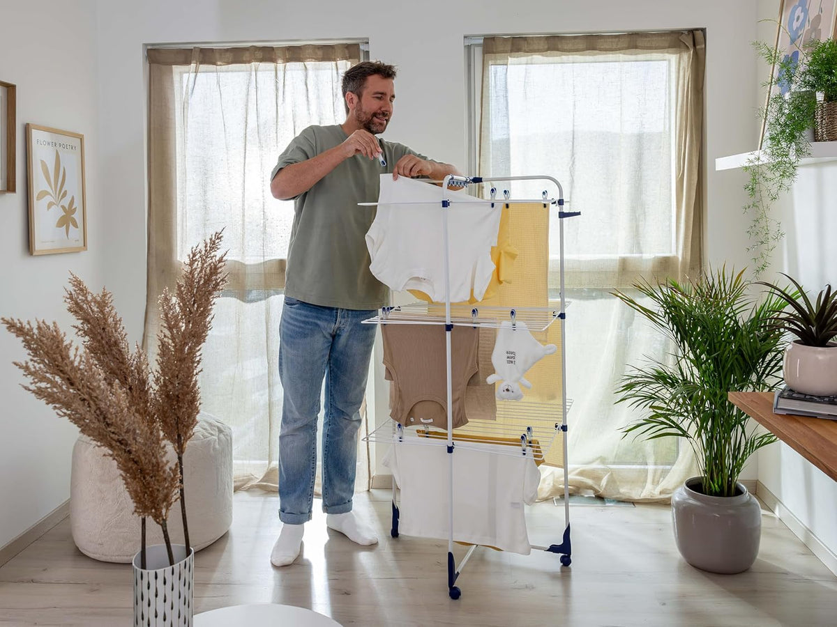 Leifheit Drying Tower Classic Tower 340, 3-Tier Folding Clothes Drying Rack, 34 m Tower Clothes Dryer with Folding Frames & 360° Casters