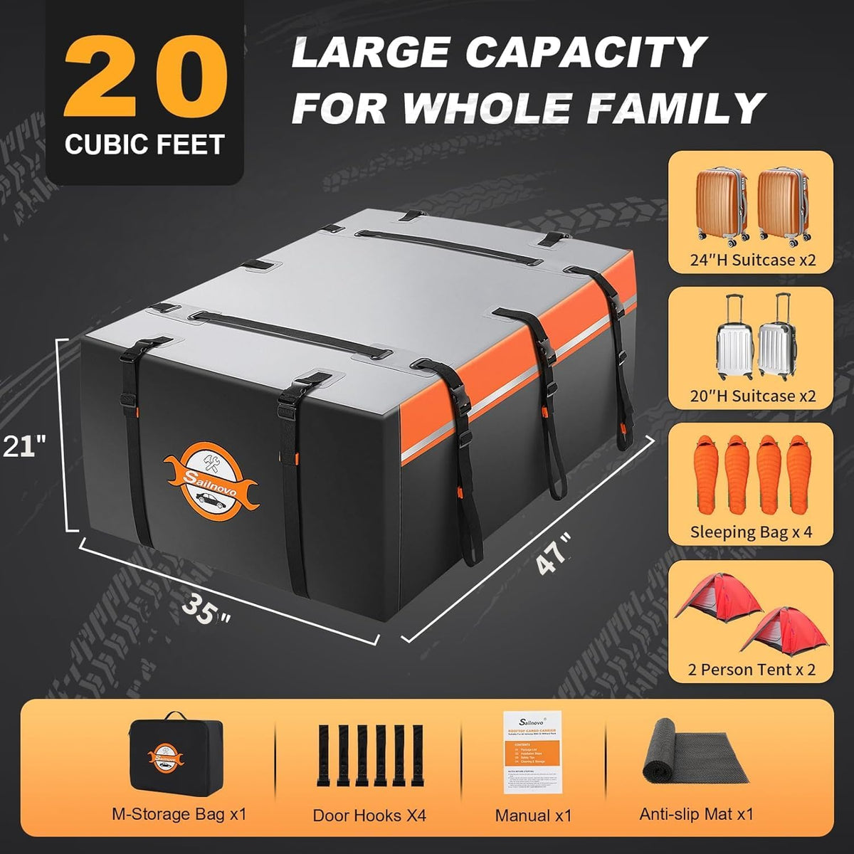 Sailnovo 0.6m³ Soft Roof Box with Anti-Slip Mat + 6 Door Hooks, Waterproof PVC Car Roof Bag with/without Luggage Rack, Black