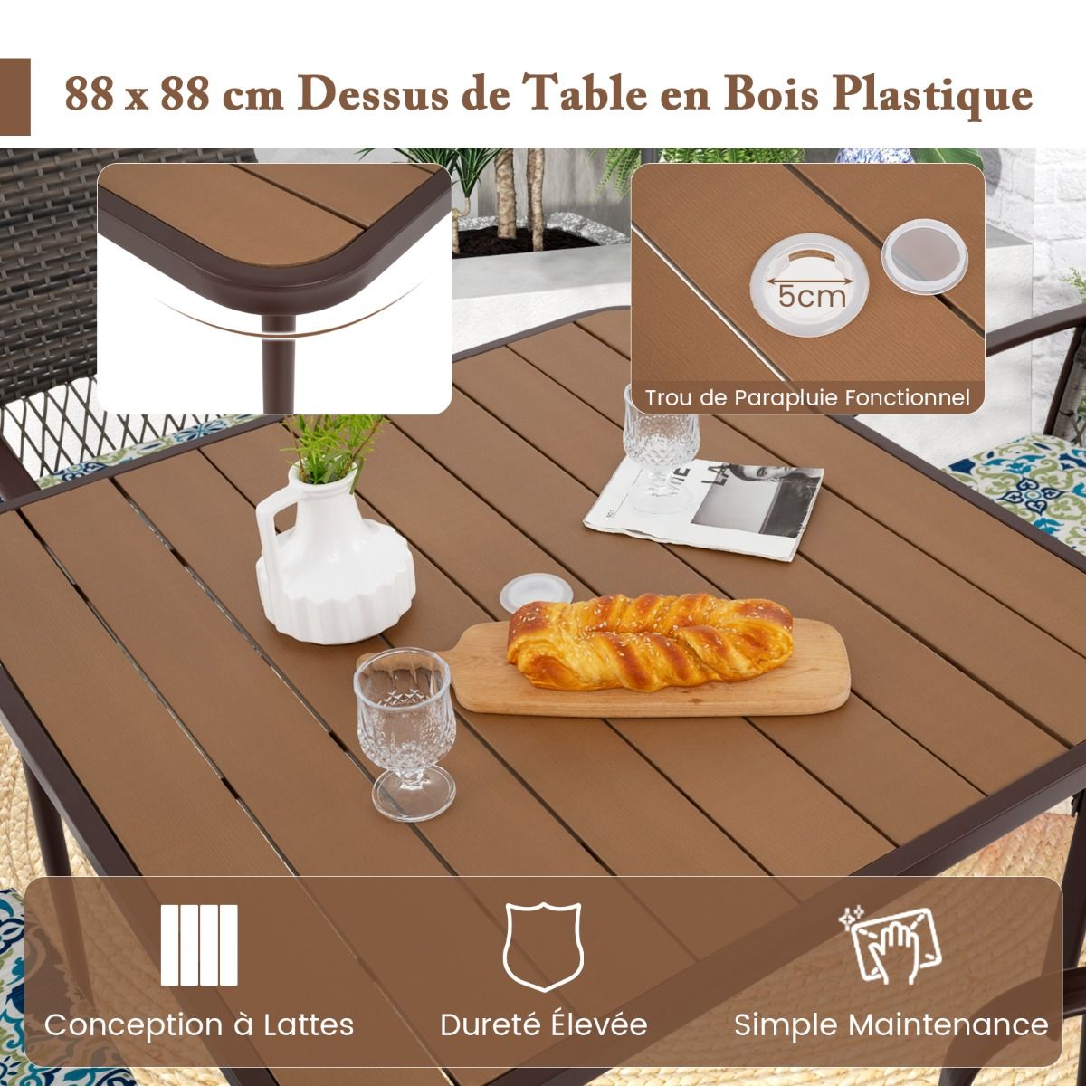 5 Piece Patio Furniture Set Garden Furniture 4 Rattan Armchairs with Cushions and Square Table with Umbrella Hole -