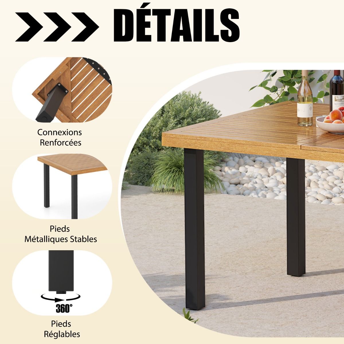 200 CM Garden Table for 8 People Outdoor Table in Acacia Wood with Parasol Hole Dia.5 CM Slat Design Metal Feet -