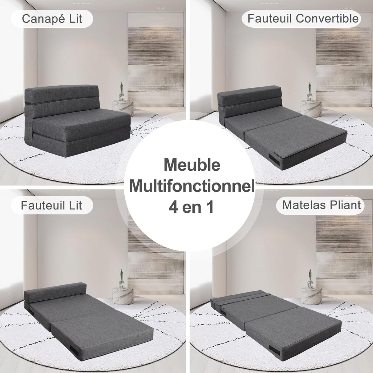 ANONER 2 Seater Convertible Sofa 150cm Wide, Foldable Memory Foam Sofa & 2 Pillows, Folding Floor Bed for Bedroom Living Room, Dark Gray