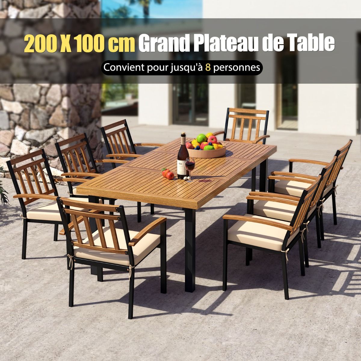200 CM Garden Table for 8 People Outdoor Table in Acacia Wood with Parasol Hole Dia.5 CM Slat Design Metal Feet -