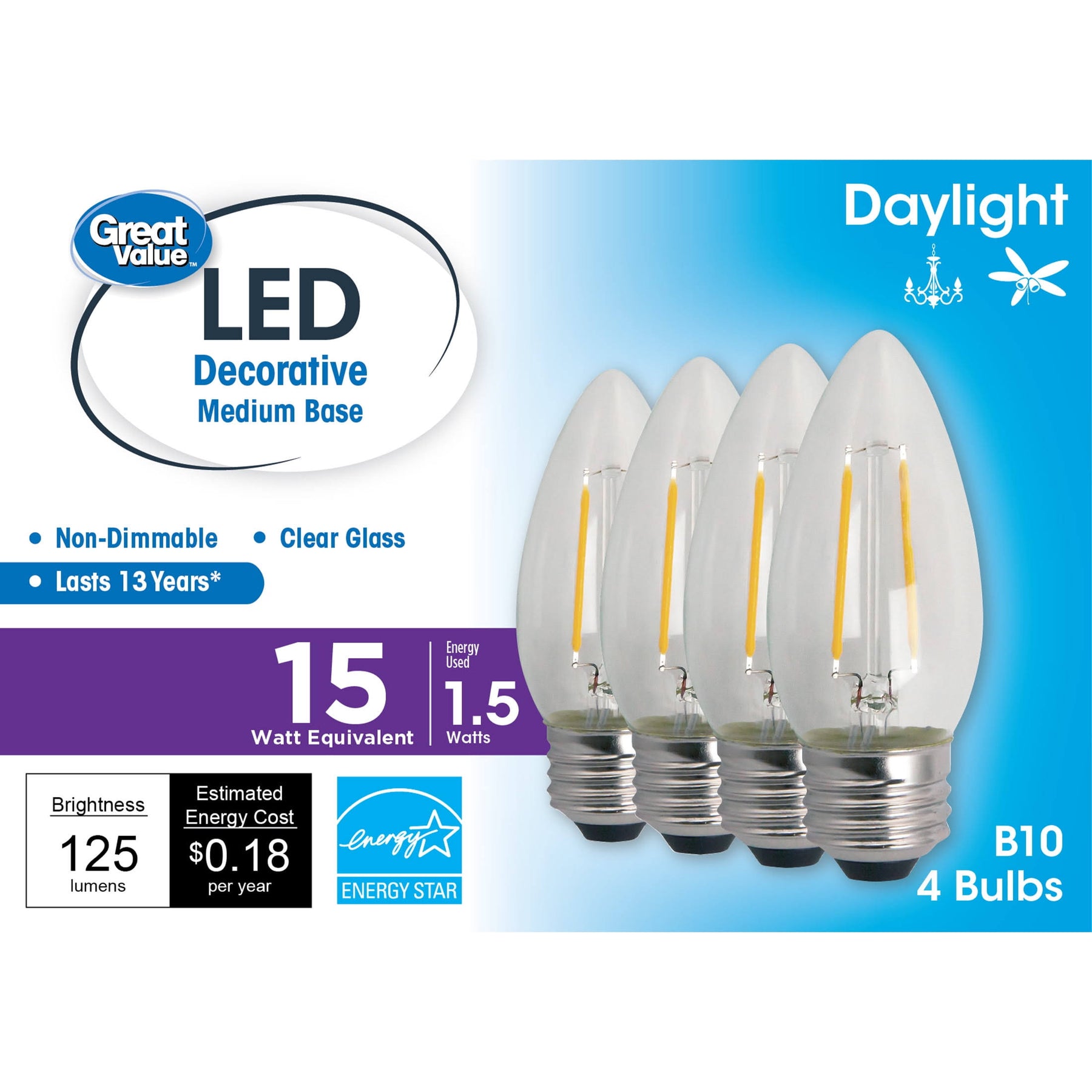 Great Value LED Light Bulb, 1.5W Equivalent) B10 Deco Lamp E26 Medium Base, Non-Dimmable, Daylight, 4-Pack - Product image 1