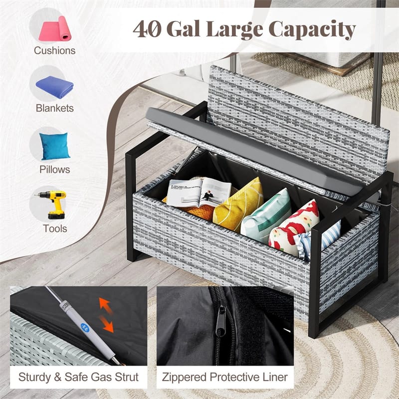 40 Gallon Outdoor Wicker Storage Bench with Cushion & Cover, Metal Frame Patio Deck Box Seat - Product image 27