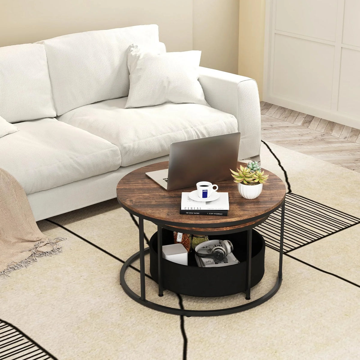 Tangkula Round Nesting Coffee Table Set of 2 with Fabric Storage Basket & Metal Frame - Product image 8