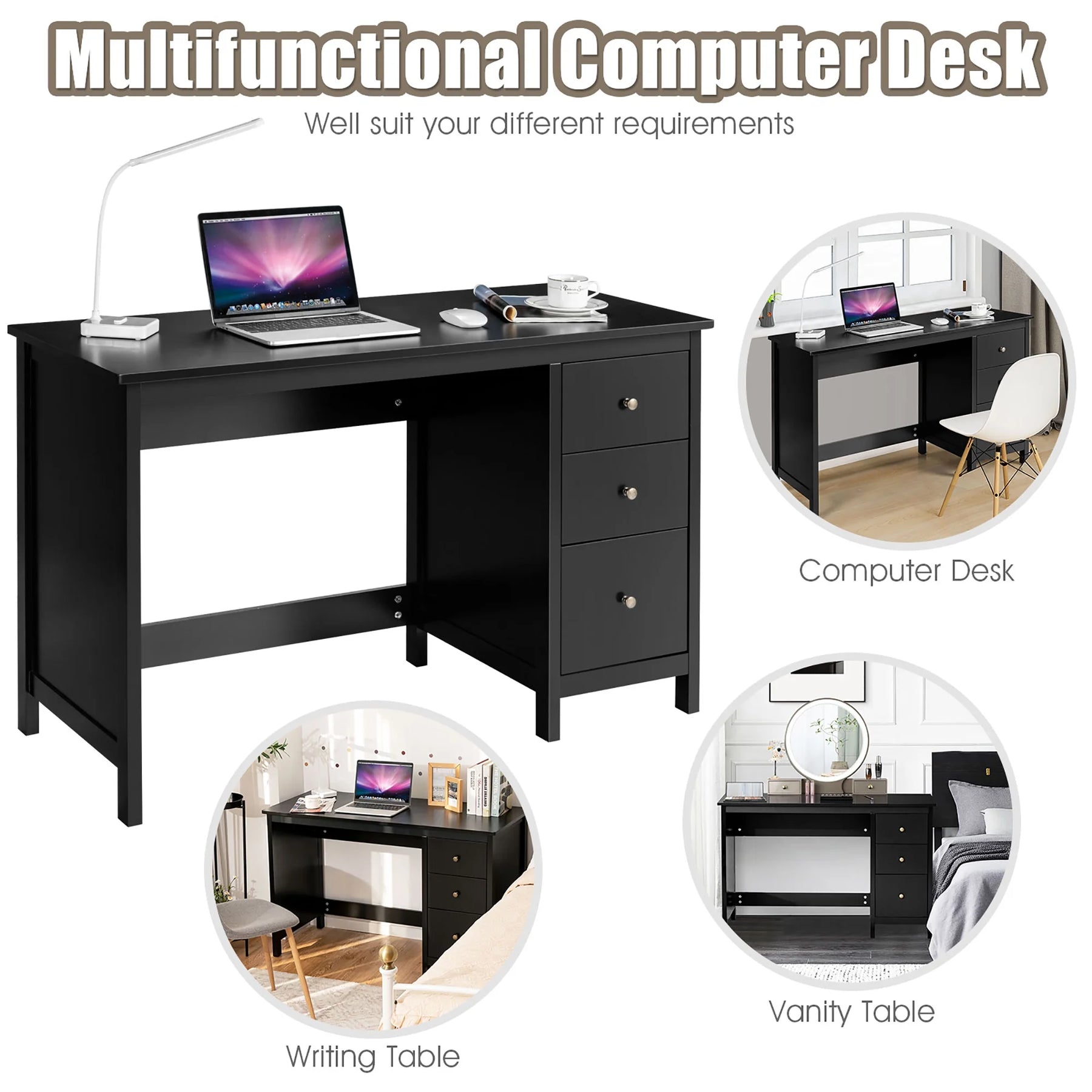 Computer Desk Study Writing Desk Home Office Workstation with 3 Drawers Black - Product image 8