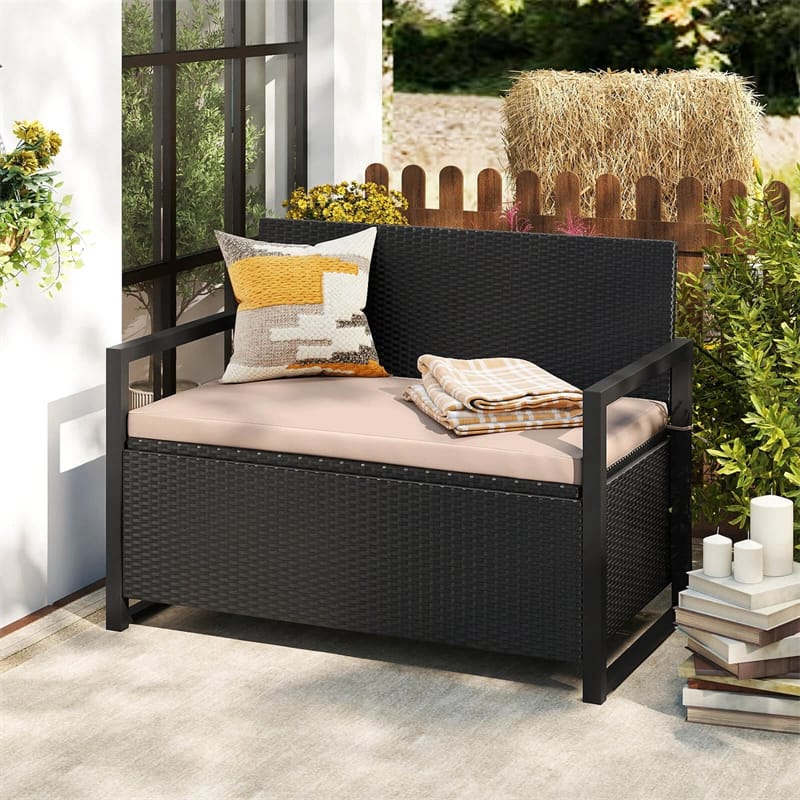40 Gallon Outdoor Wicker Storage Bench with Cushion & Cover, Metal Frame Patio Deck Box Seat - Product image 14