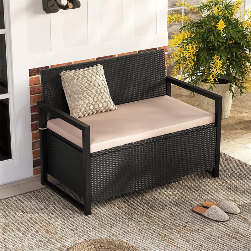 40 Gallon Outdoor Wicker Storage Bench with Cushion & Cover, Metal Frame Patio Deck Box Seat - Product image 20