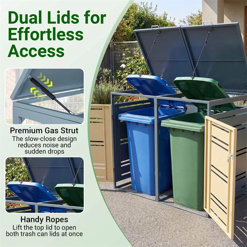 44 Cu.Ft Outdoor Metal Trash Can Storage Shed for 2 Bins, Double Garbage Can Enclosure with Gas Strut - Product image 6