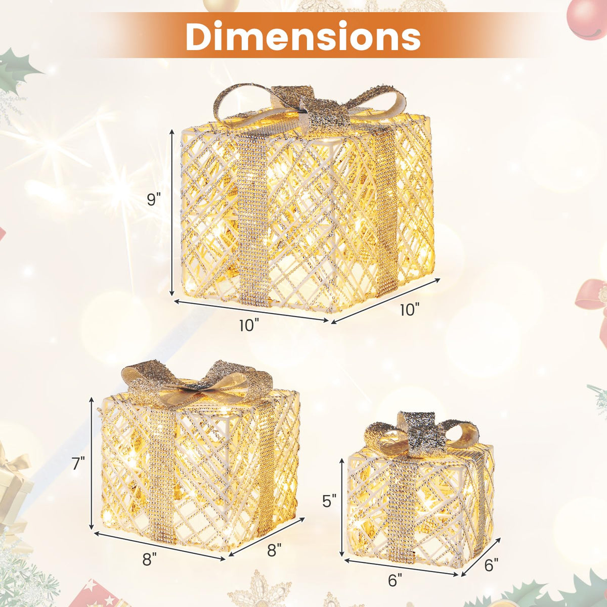 Tangkukla 3 Pack Christmas Lighted Gift Box, Pre-Lit Festive Boxes w/ 50 LED Lights - Product image 7