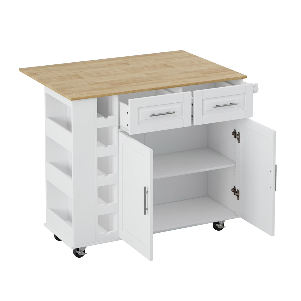 Movable Kitchen Island Cart with 2 Door Cabinet, 2 Drawers and Drop Leaf Top, Island Table with Spice Rack, Towel Holder