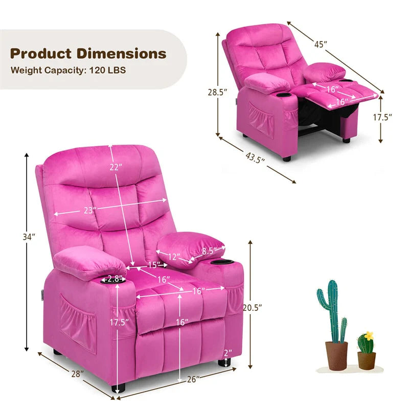 Kids Recliner Chair Adjustable Velvet Lounge Sofa with Cup Holders, 3 Pockets, Retractable Footrest - Product image 41