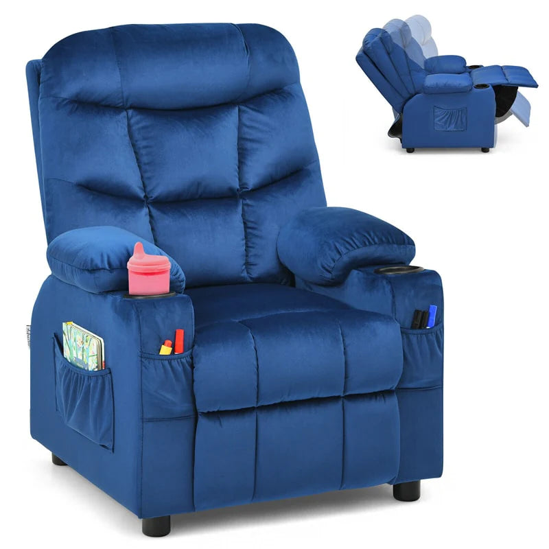 Kids Recliner Chair Adjustable Velvet Lounge Sofa with Cup Holders, 3 Pockets, Retractable Footrest